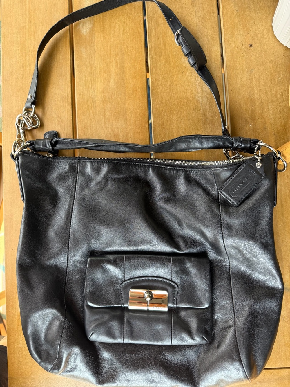 Coach Black Leather Shoulder Bag with Front Turn-Lock Pocket